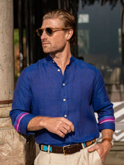 Royal Blue Linen Shirt Grandfather Collar