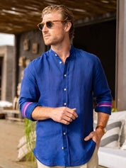 Royal Blue Linen Shirt Grandfather Collar