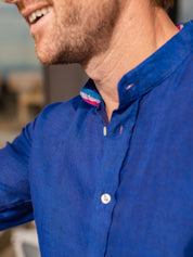 Royal Blue Linen Shirt Grandfather Collar