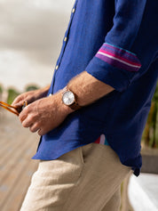 Royal Blue Linen Shirt Grandfather Collar