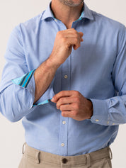 Mens Light Blue Oxford shirt made from organic cotton with colourful trim - cuff view