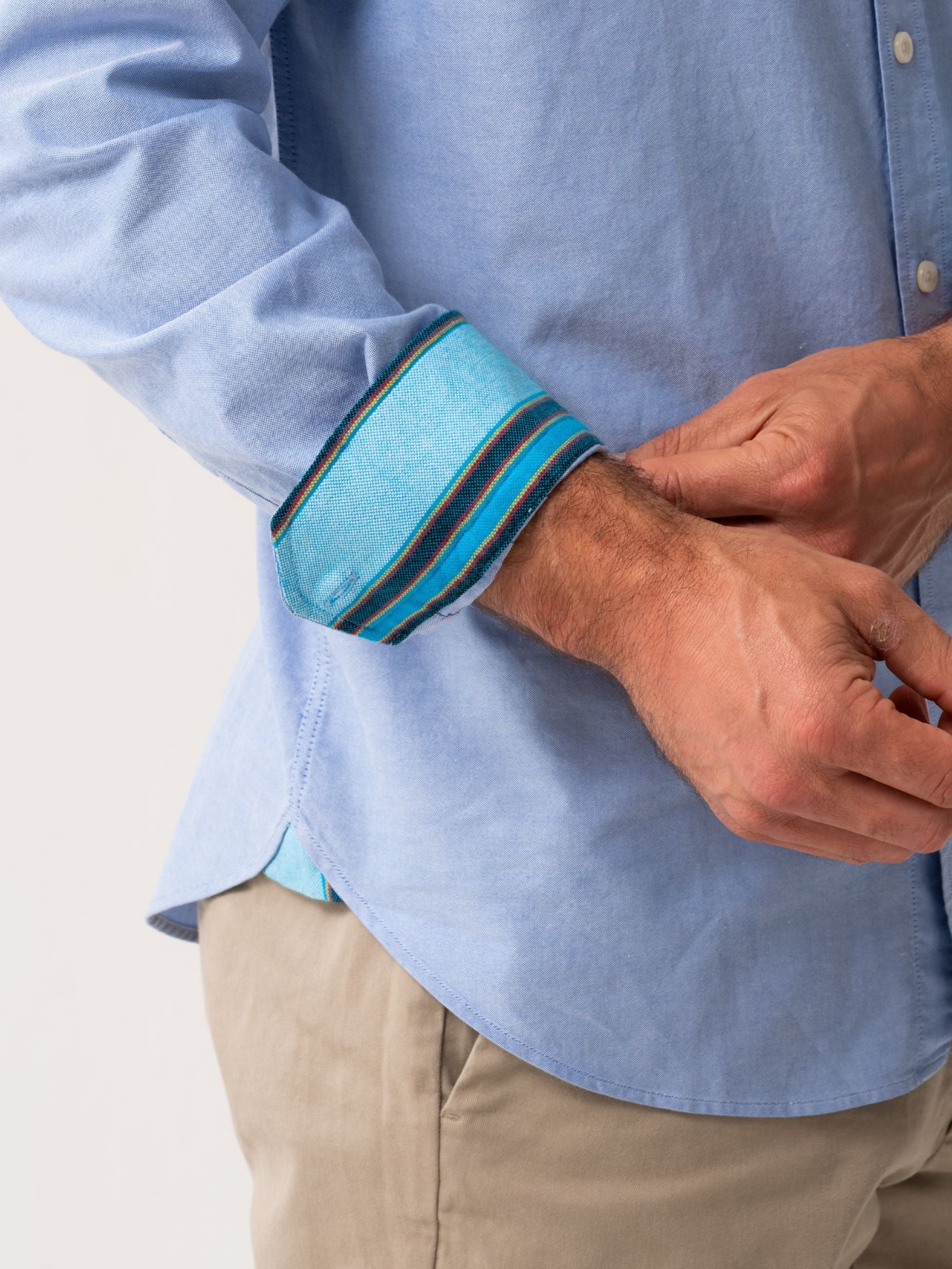 Mens Light Blue Oxford shirt made from organic cotton with colourful trim - cuff view