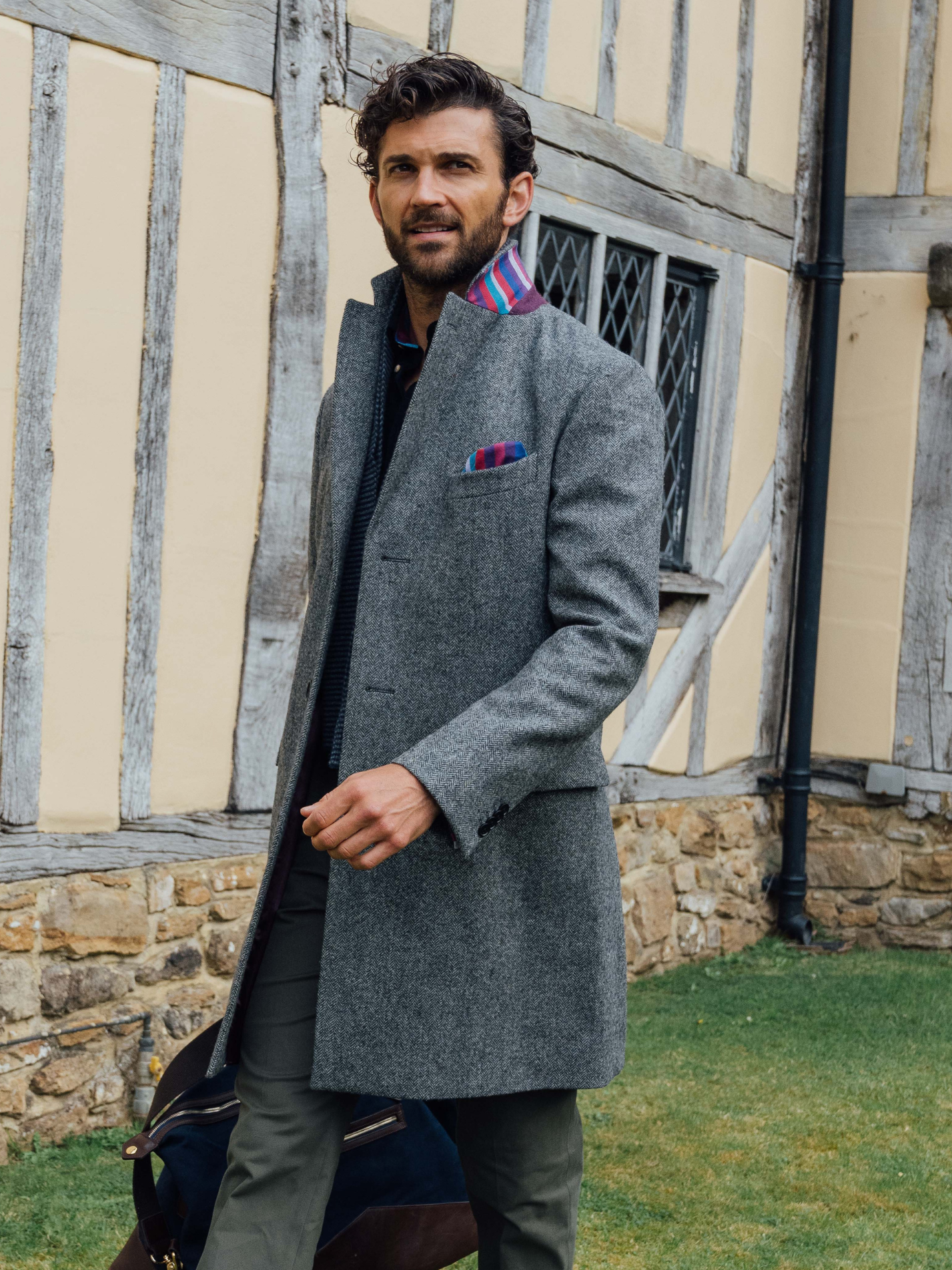 Men s Charcoal British Wool Herringbone Overcoat Koy Clothing