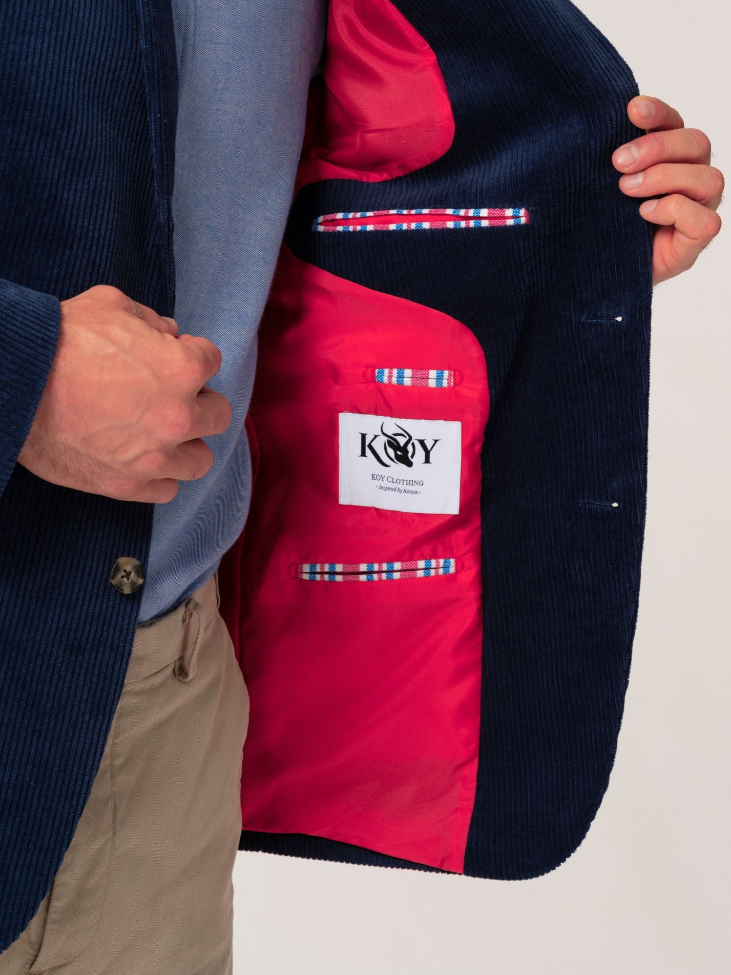 Mens Navy Corduroy Blazer with colourful details - lining contrast and inside detail