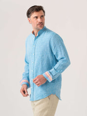 Nyota Turquoise Linen Shirt - Grandfather Collar