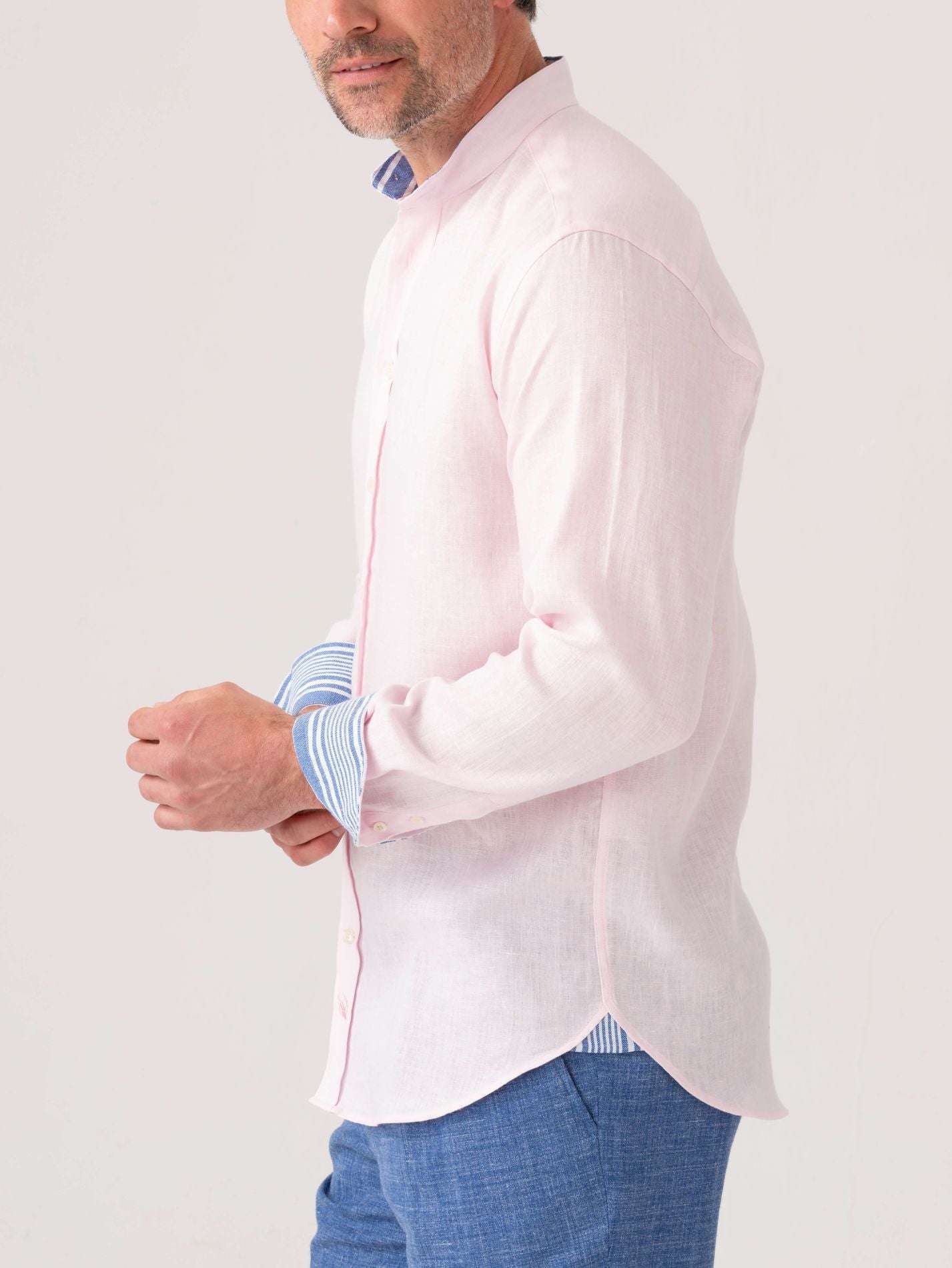 Flamingo Pink Linen Shirt - Grandfather Collar