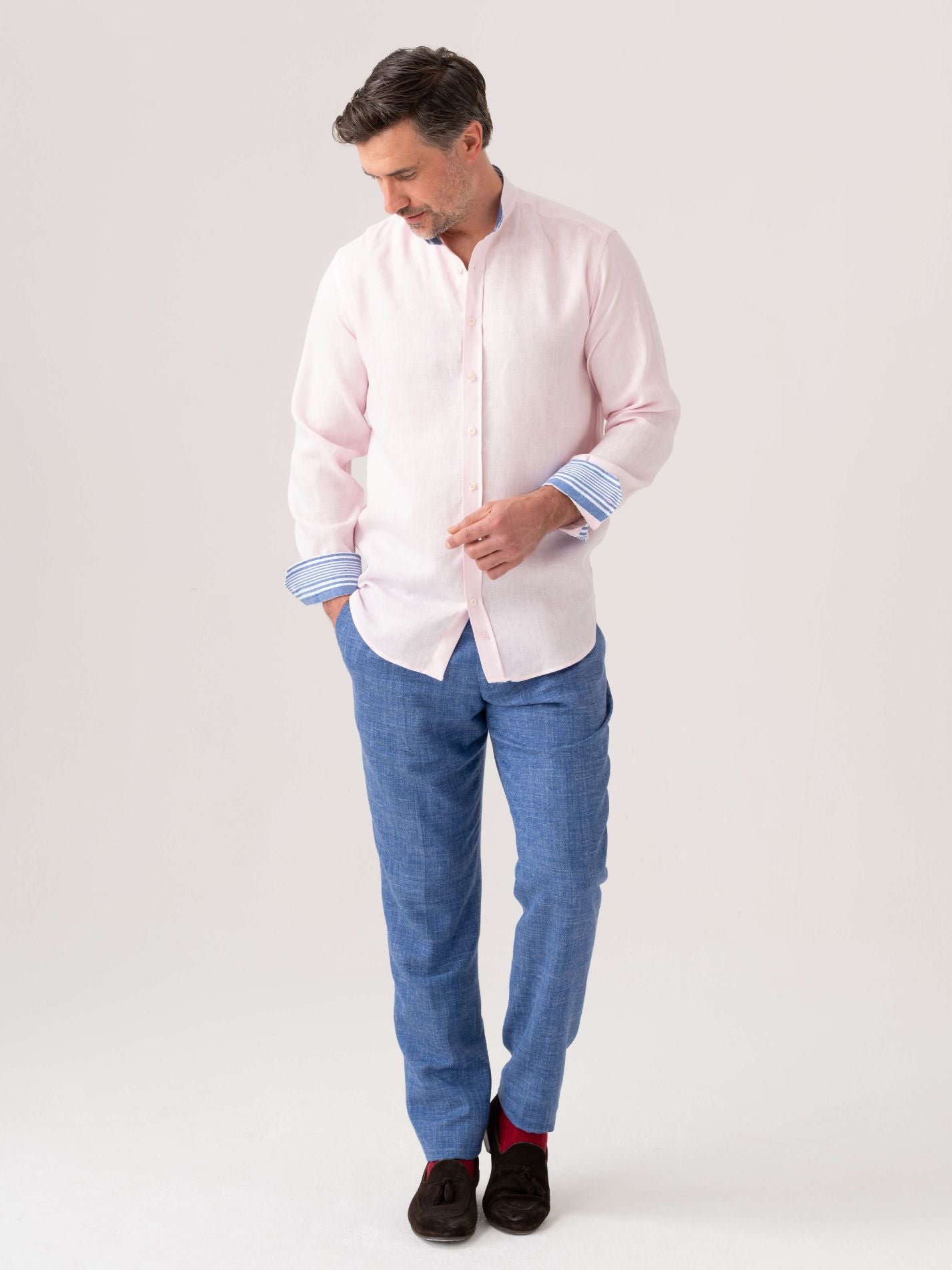Flamingo Pink Linen Shirt - Grandfather Collar