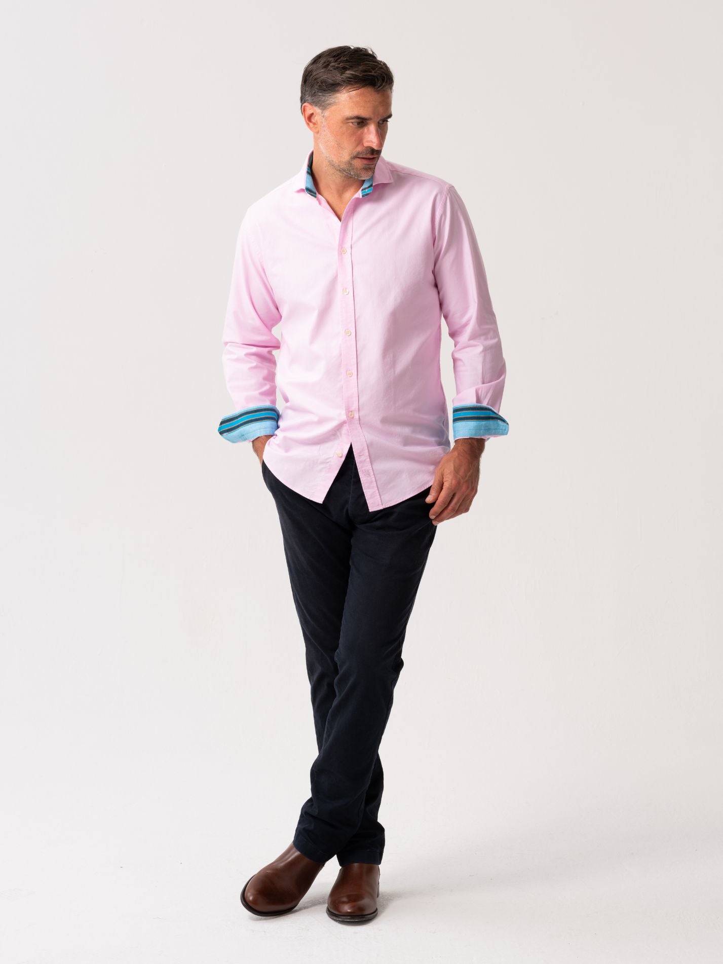 Mens Pink Oxford Shirt made from organic cotton with African fabric trim - full body view
