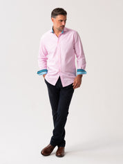 Mens Pink Oxford Shirt made from organic cotton with African fabric trim - full body view