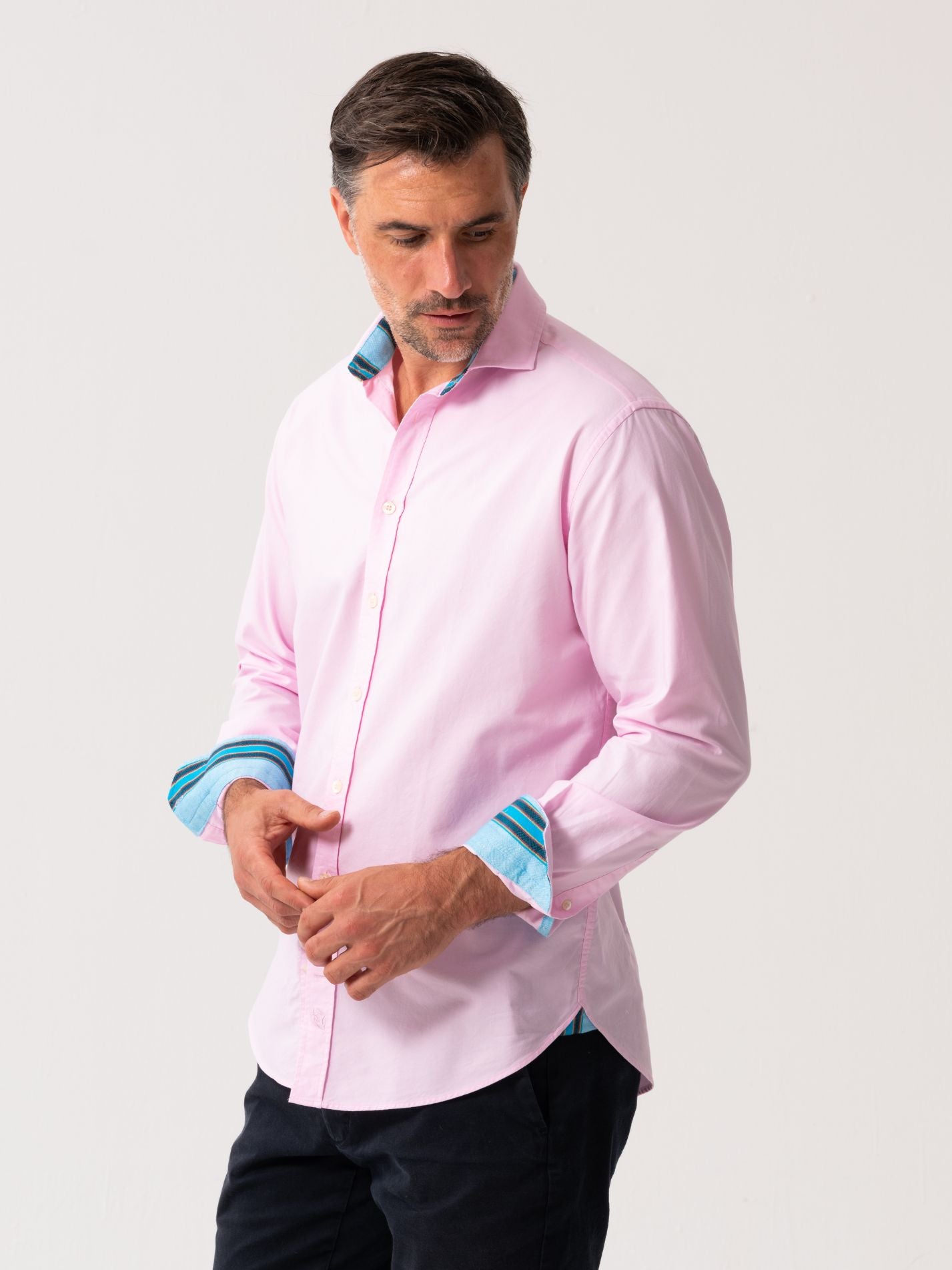 Mens Pink Oxford Shirt made from organic cotton with African fabric trim - side view