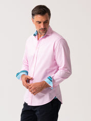 Mens Pink Oxford Shirt made from organic cotton with African fabric trim - side view