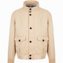 The Ranger Jacket by Koy Clothing. This is a beige bomber jacket with blue and white mottled Kenyan Kikoy fabric trim.