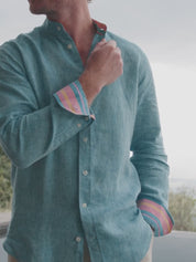 Nyota Turquoise Linen Shirt - Grandfather Collar