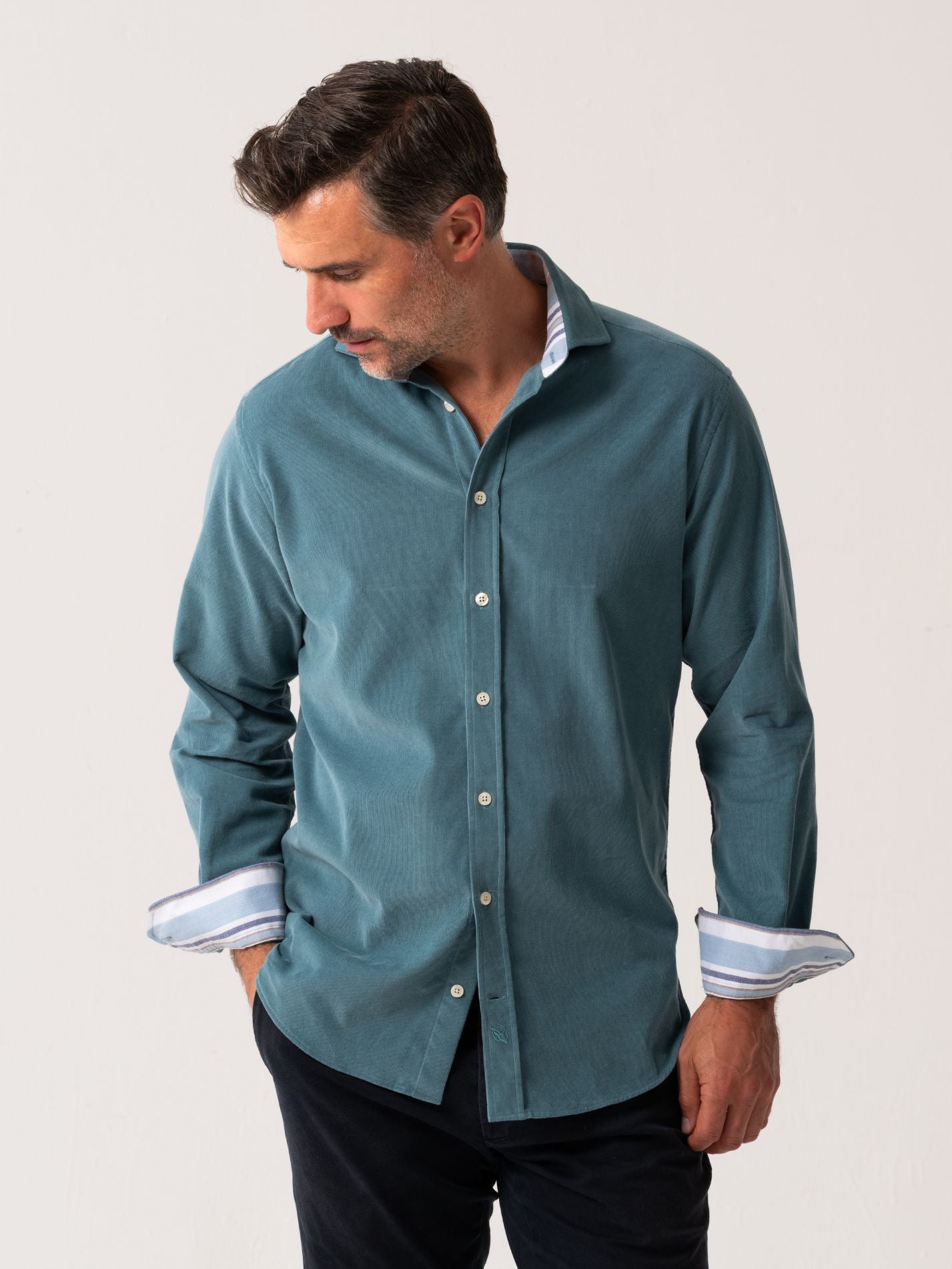 Mens Petrol Blue Corduroy Shirt - Front view