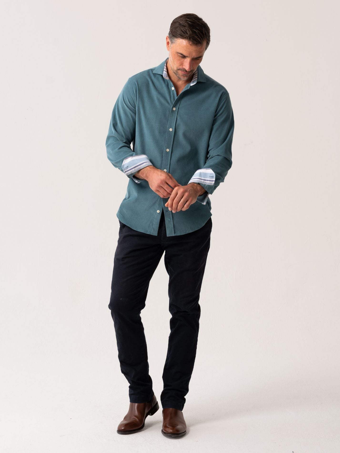 Mens Petrol Blue Corduroy Shirt - Full body view 