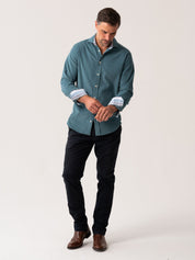 Mens Petrol Blue Corduroy Shirt - Full body view 