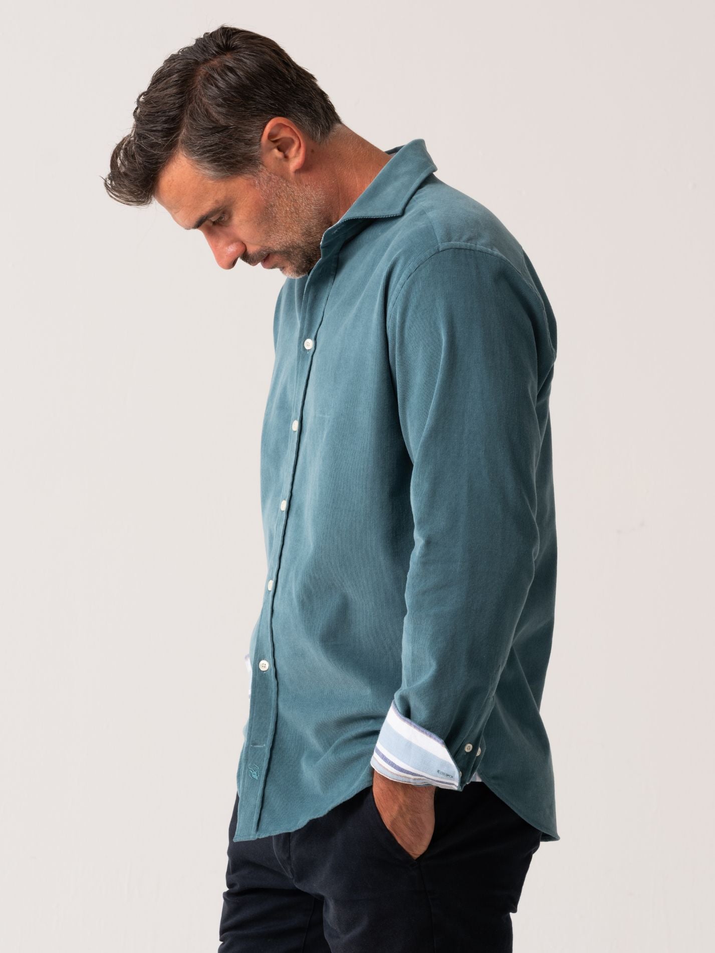 Mens Petrol Blue Corduroy Shirt - side view