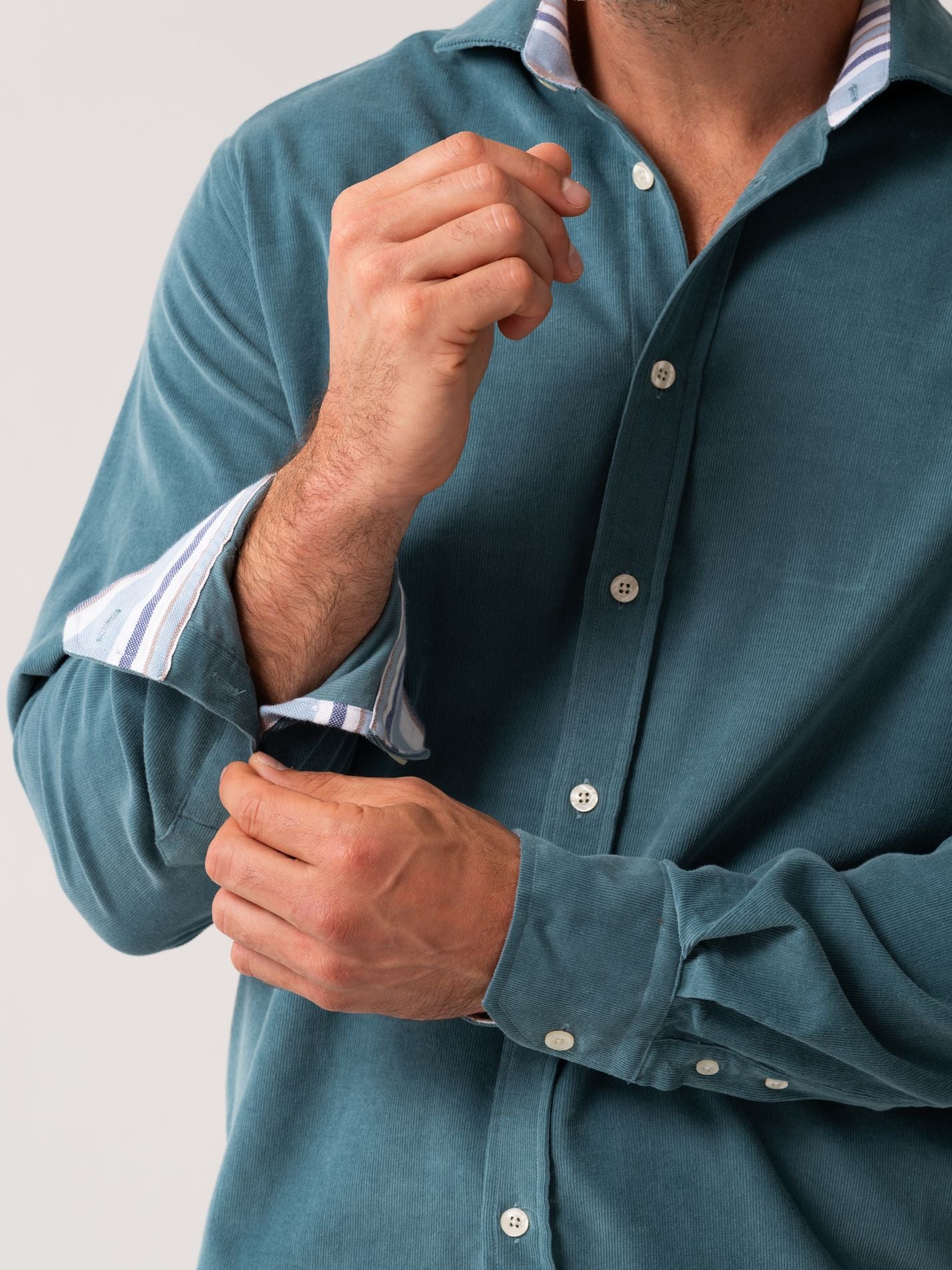 Mens Petrol Blue Corduroy Shirt - cuff detail