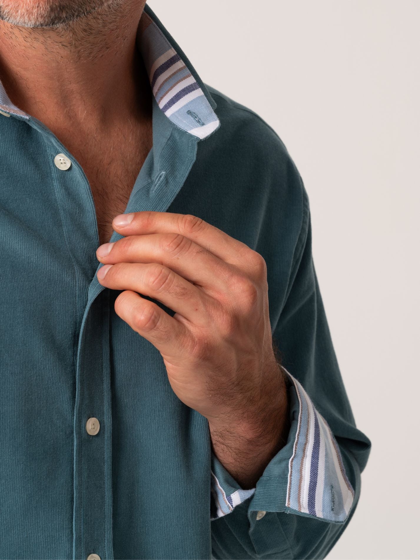Mens Petrol Blue Corduroy Shirt - collar detail