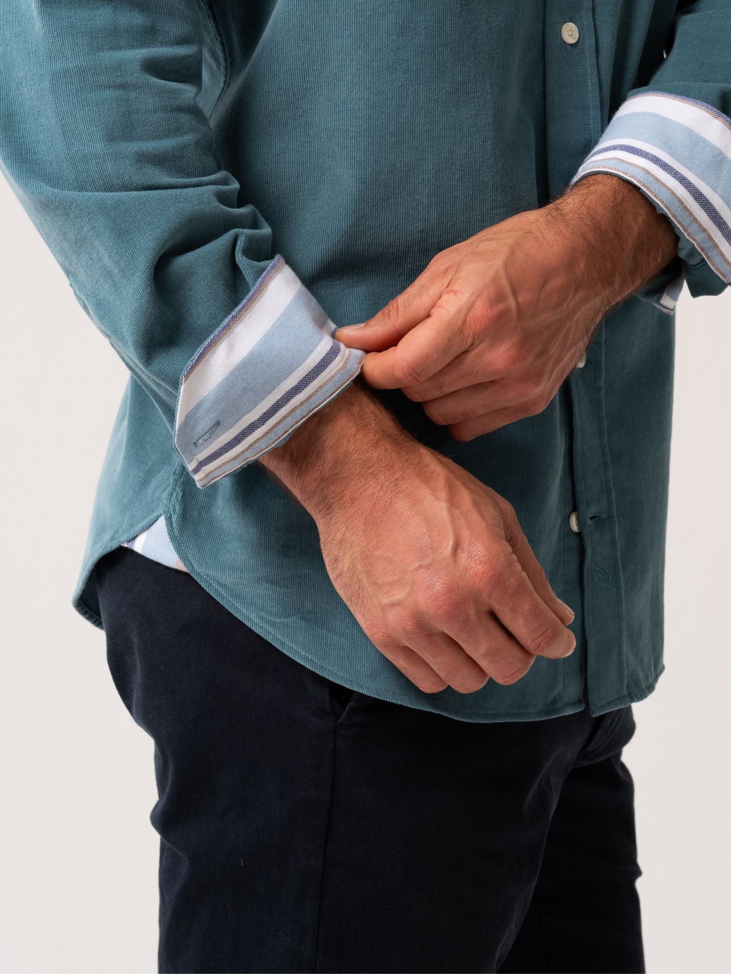 Mens Petrol Blue Corduroy Shirt - cuff detail