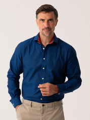 Mens Navy Oxford shirt with red Kenyan trim - front view 