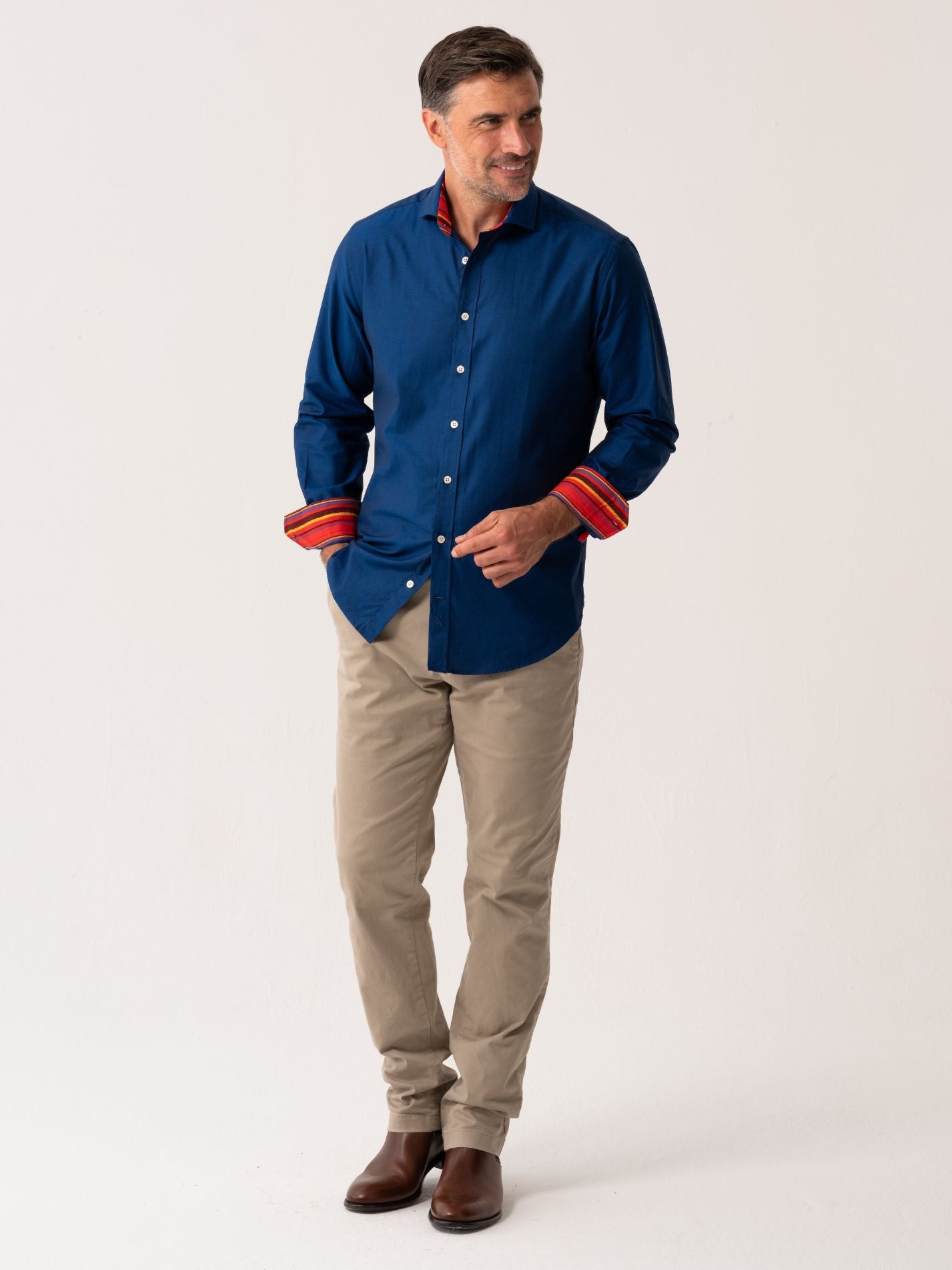 Mens Navy Oxford shirt with red Kenyan trim -  full body view 
