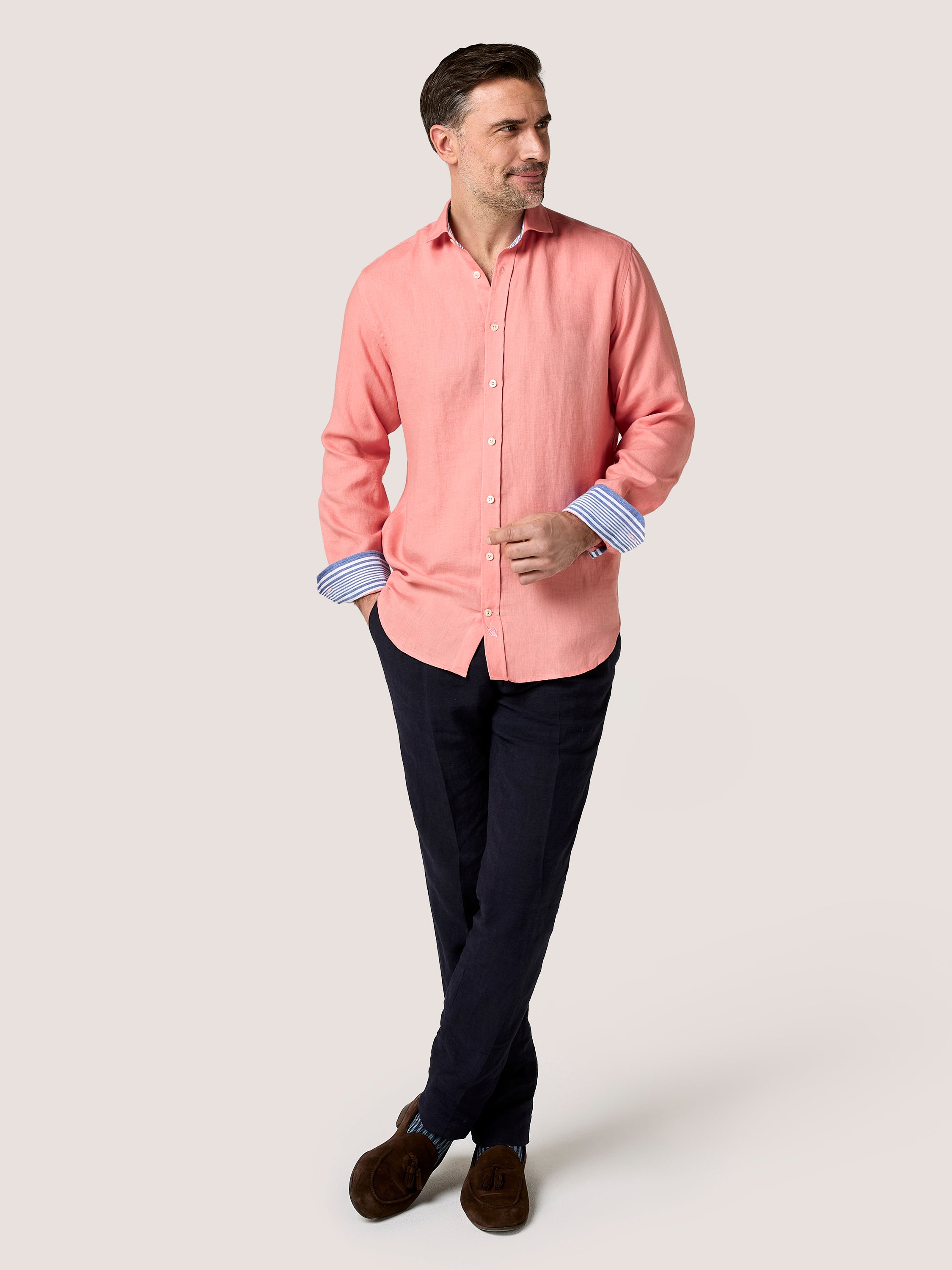 salmon color dress shirt Salmon Pink Linen Shirt, S