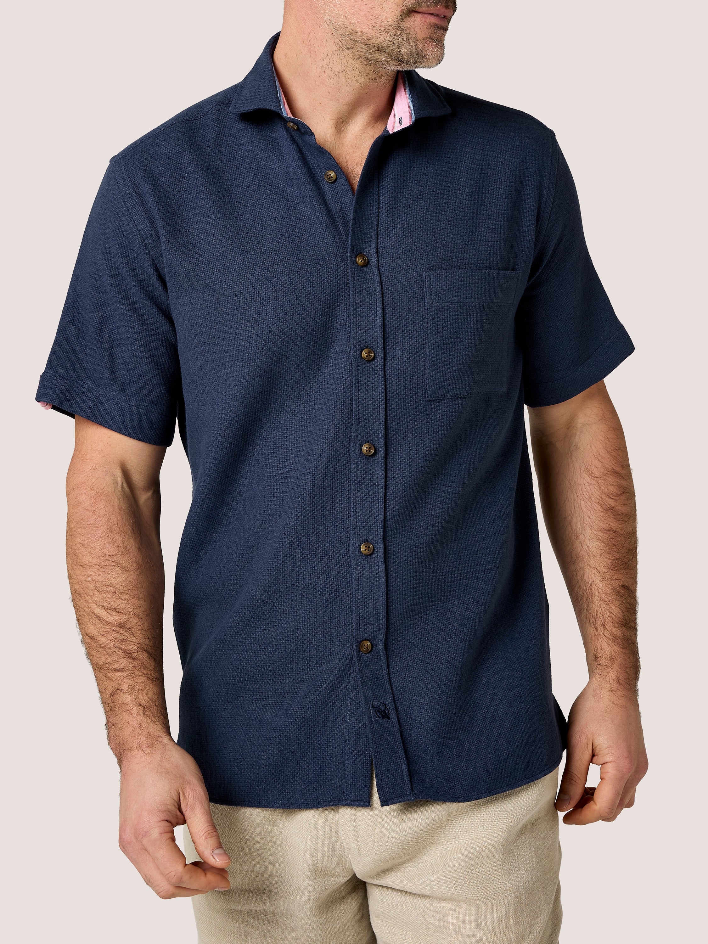Navy Textured Weave Short Sleeve Shirt