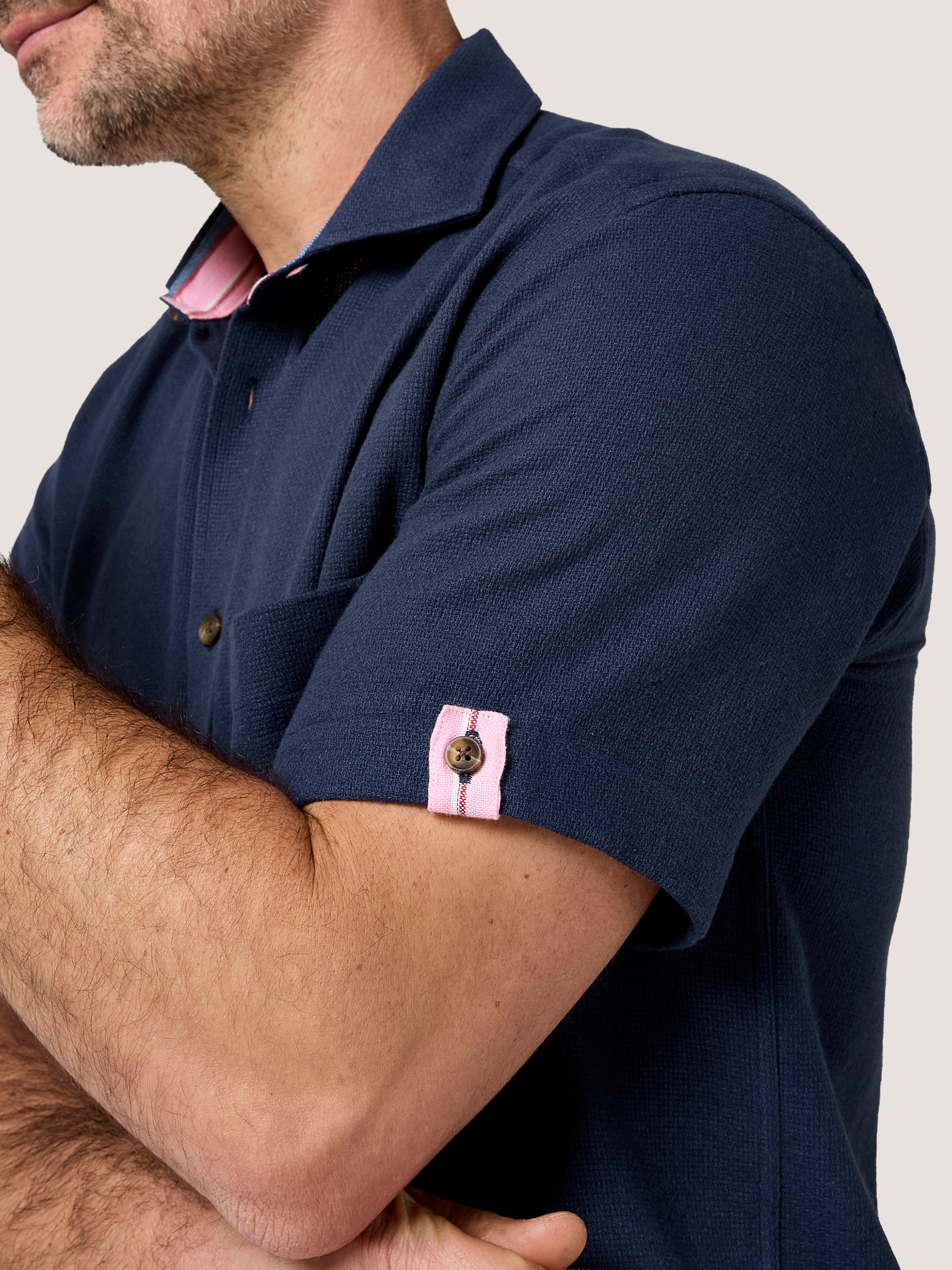 Navy Textured Weave Short Sleeve Shirt