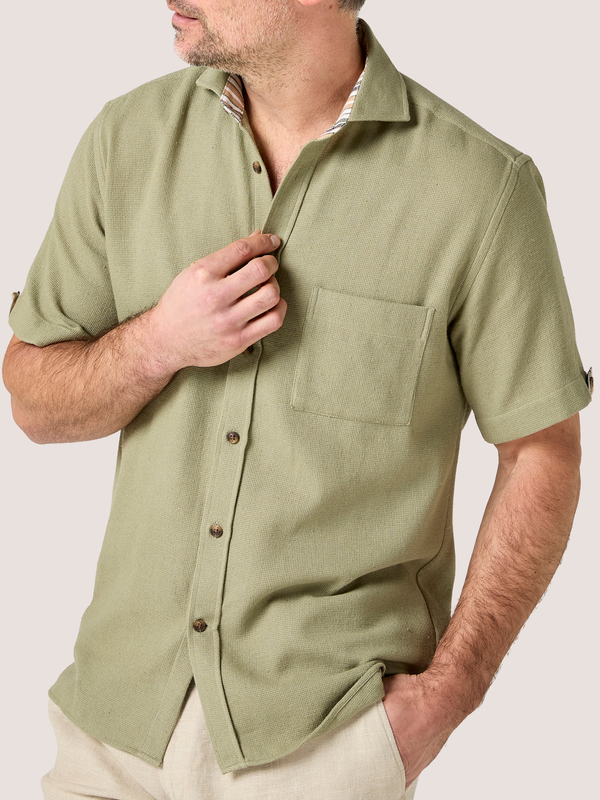 Men Shirt Using Rice Sack Men's Olive Sack Weave Short Sleeve Shirt | Koy Clothing