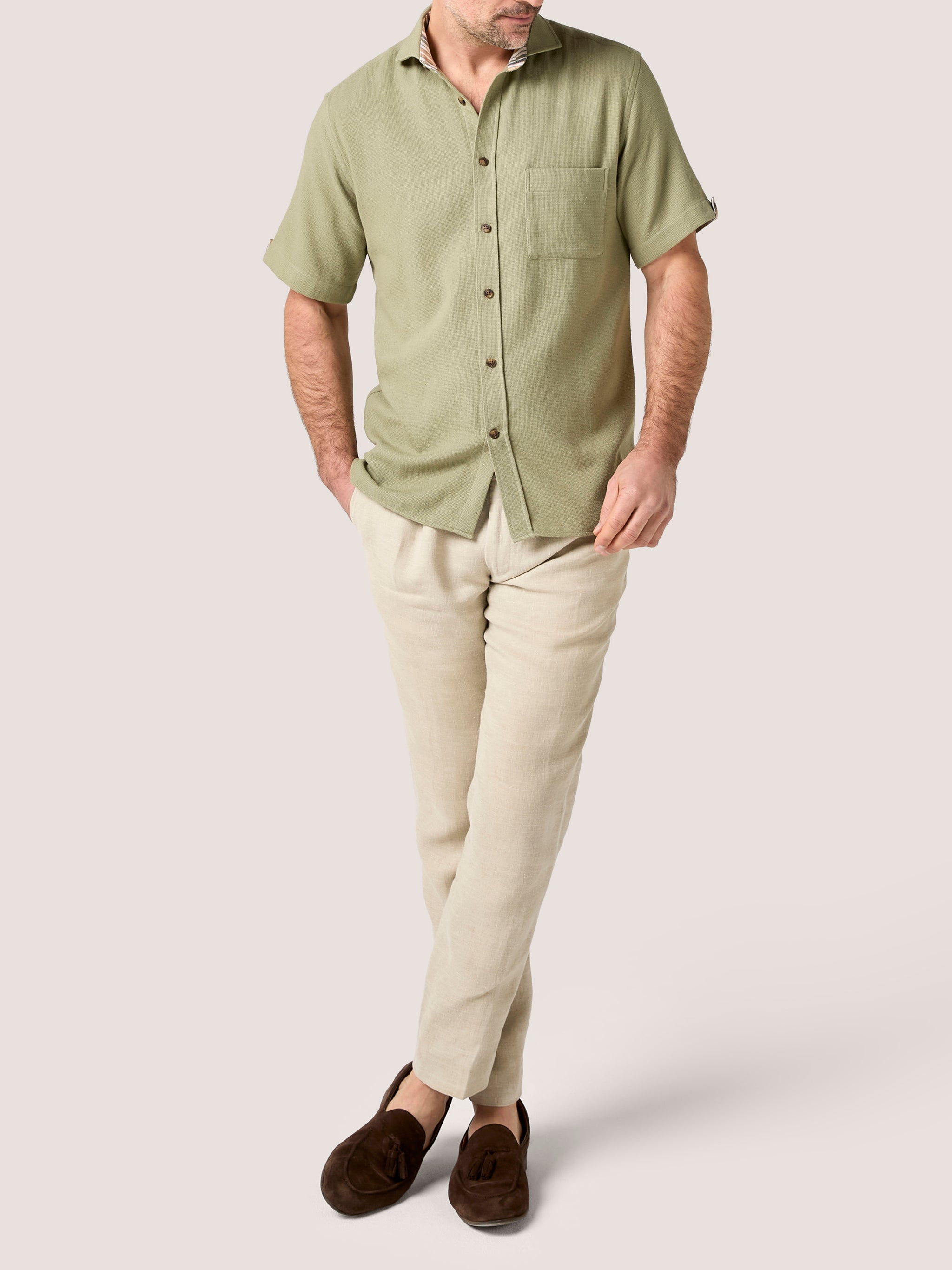 Men Shirt Using Rice Sack Men's Olive Sack Weave Short Sleeve Shirt | Koy Clothing