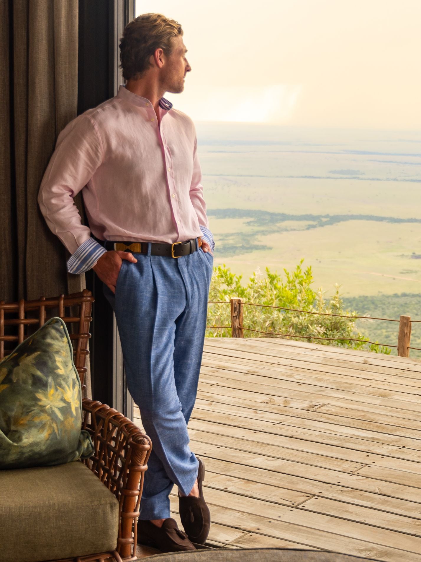 Flamingo Pink Linen Shirt - Grandfather Collar