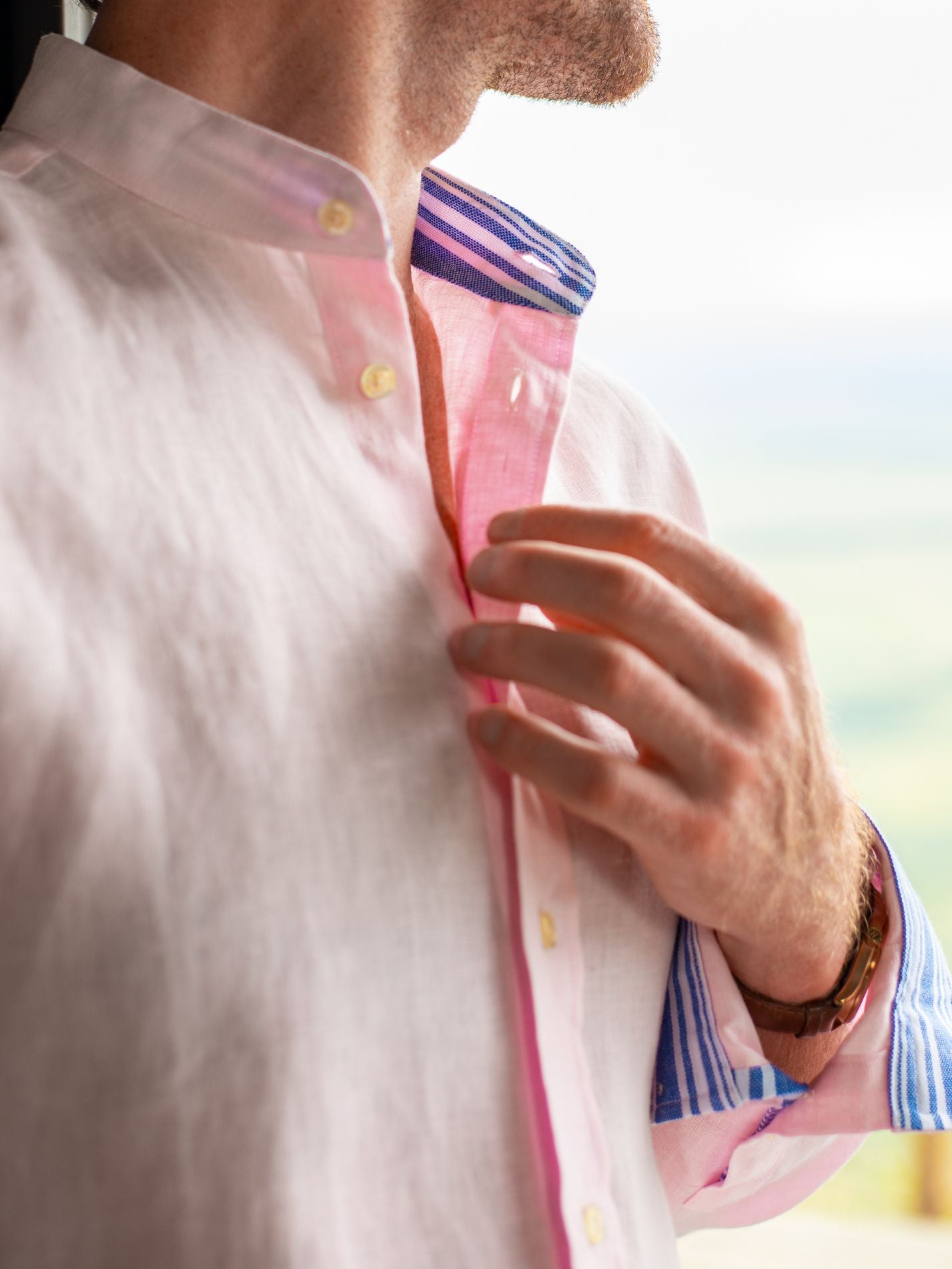 Flamingo Pink Linen Shirt - Grandfather Collar