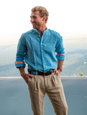 Nyota Turquoise Linen Shirt - Grandfather Collar