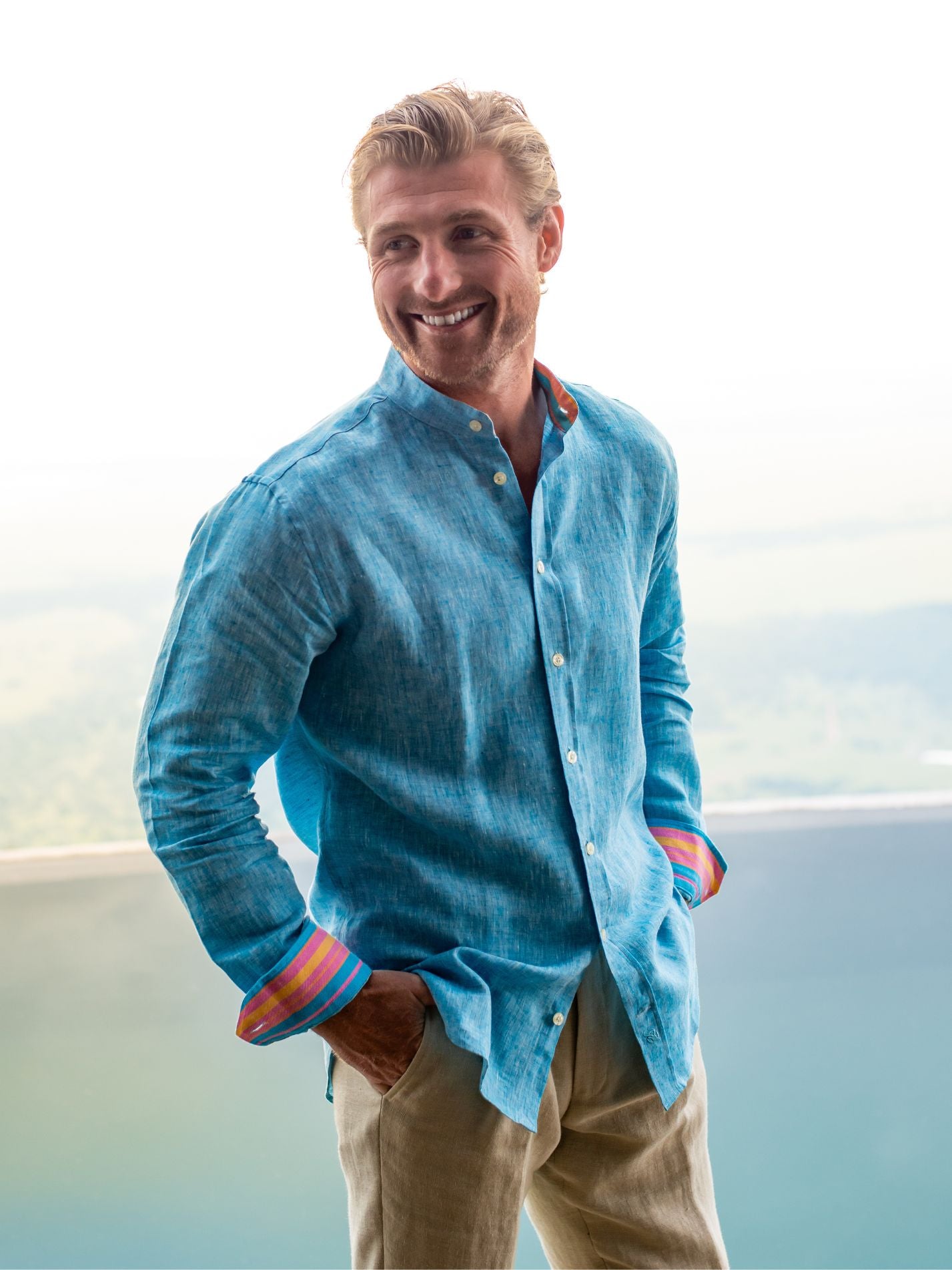 Nyota Turquoise Linen Shirt - Grandfather Collar