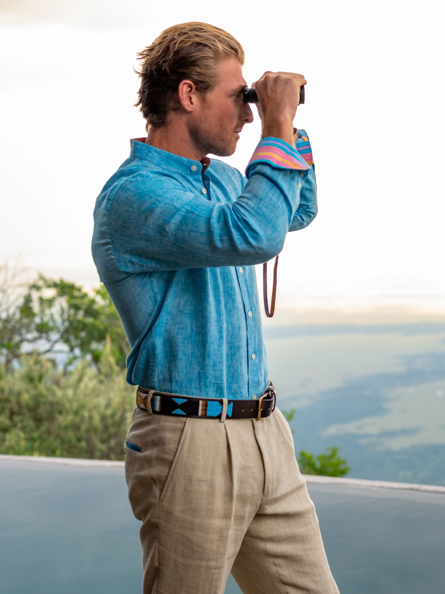 Nyota Turquoise Linen Shirt - Grandfather Collar