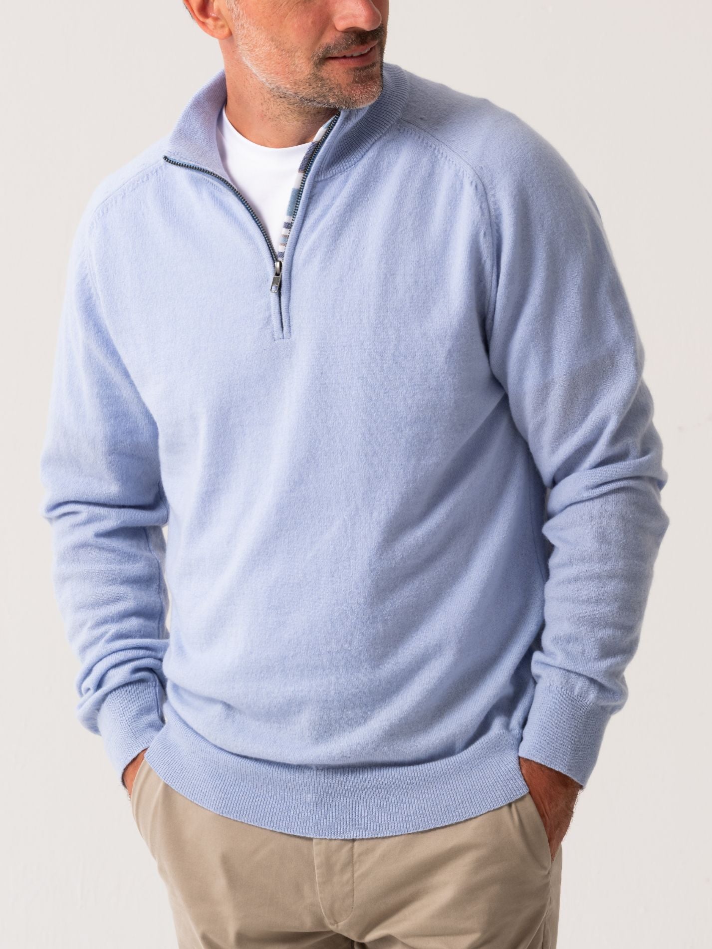 Mens Light blue Quarter Zip Jumper - Wool & Cashmere blend with African fabric detail 