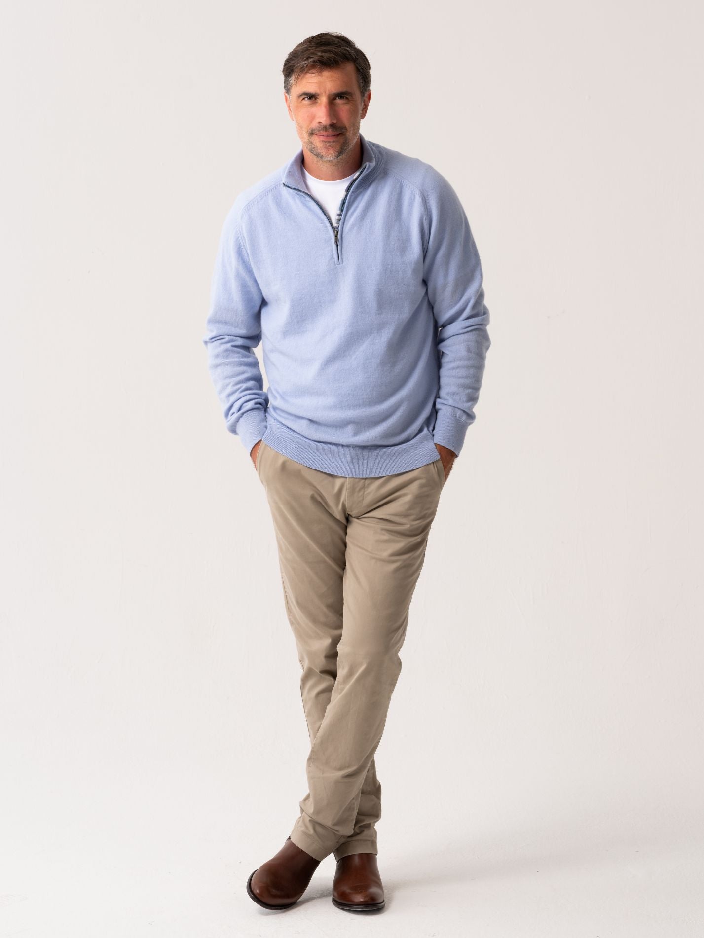 Mens Light blue Quarter Zip Jumper - Wool & Cashmere blend with African fabric detail 