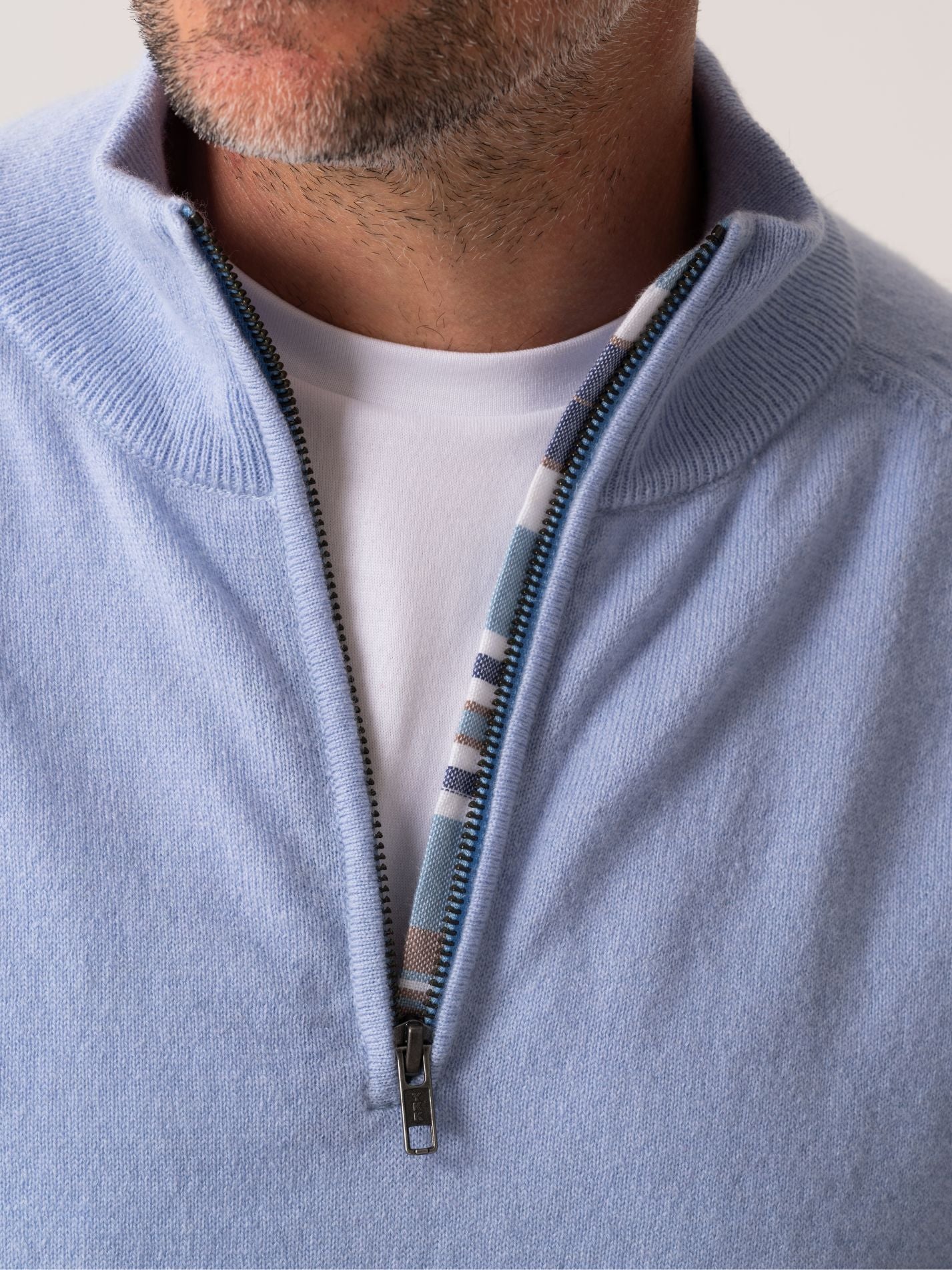 Mens Light blue Quarter Zip Jumper - Wool & Cashmere blend with African fabric detail 