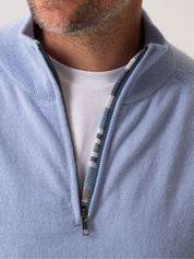 Mens Light blue Quarter Zip Jumper - Wool & Cashmere blend with African fabric detail 