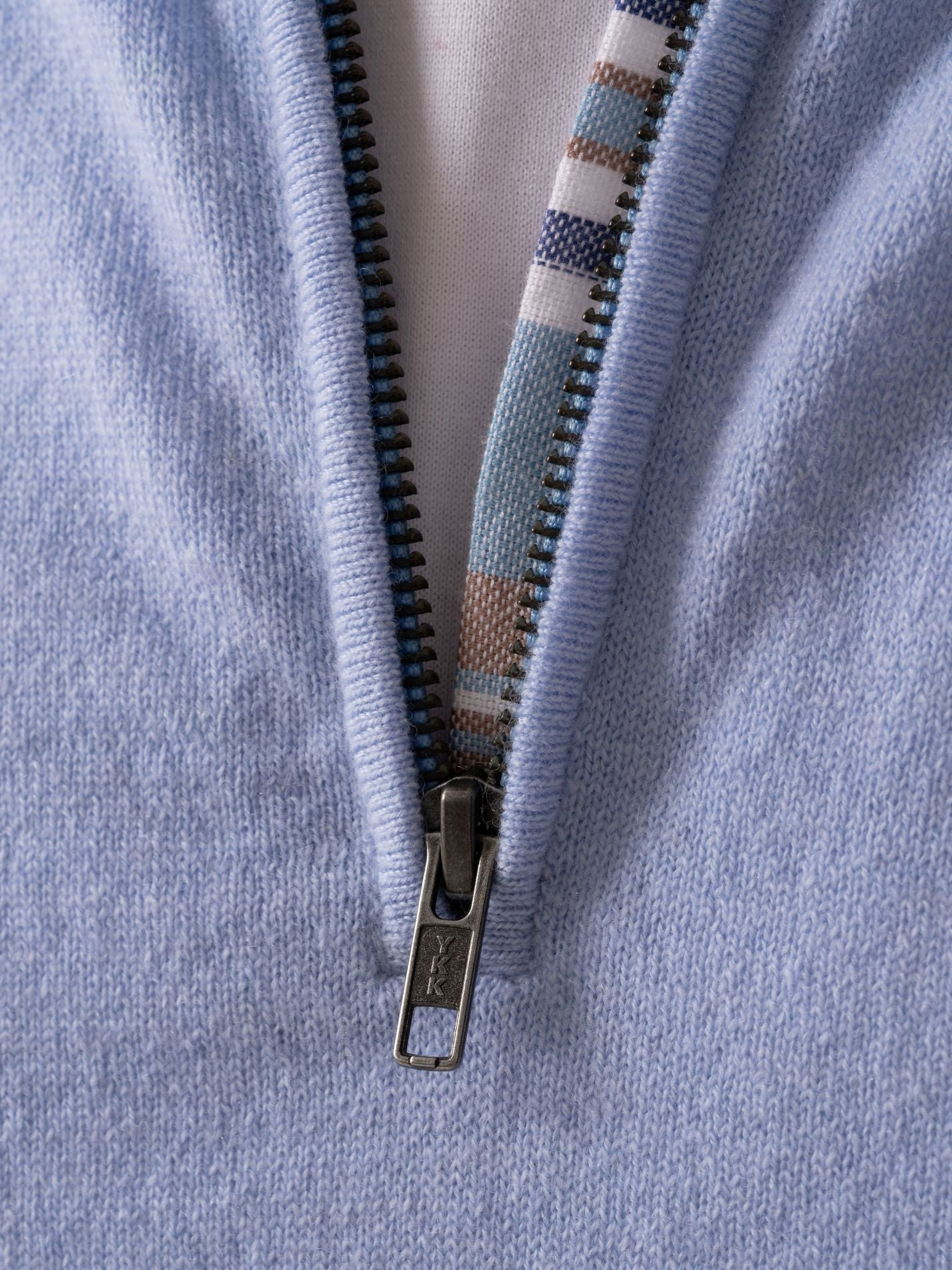Mens Light blue Quarter Zip Jumper - Wool & Cashmere blend with African fabric detail 