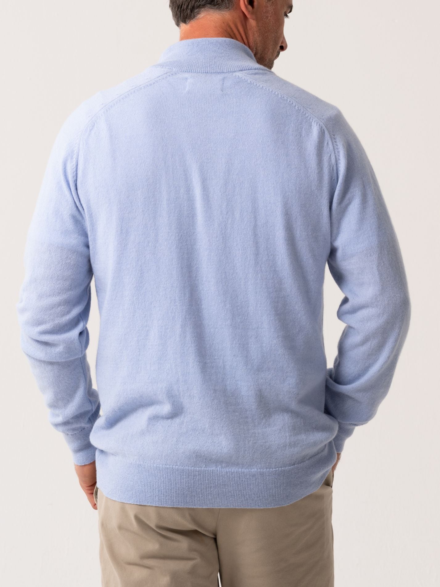 Mens Light blue Quarter Zip Jumper - Wool & Cashmere blend with African fabric detail 