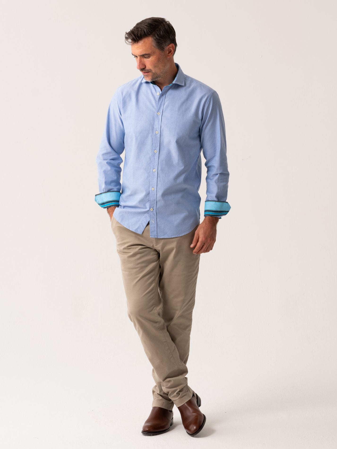 Mens Light Blue Oxford shirt made from organic cotton with colourful trim - front full body view 