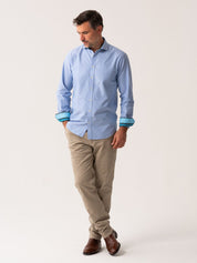 Mens Light Blue Oxford shirt made from organic cotton with colourful trim - front full body view 