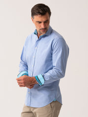 Mens Light Blue Oxford shirt made from organic cotton with colourful trim - side view 