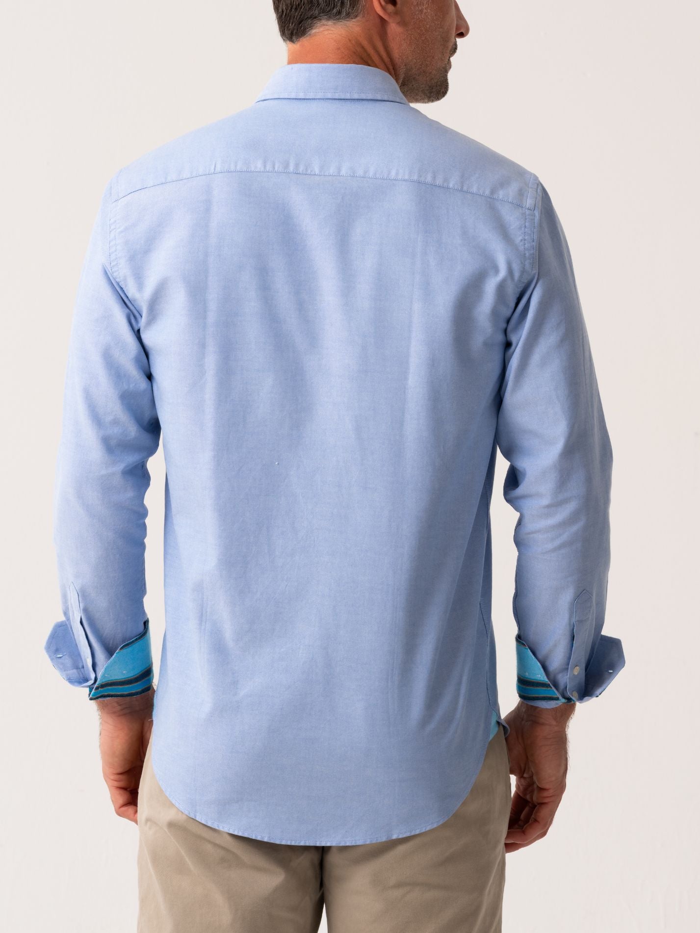 Mens Light Blue Oxford shirt made from organic cotton with colourful trim - back 
view 