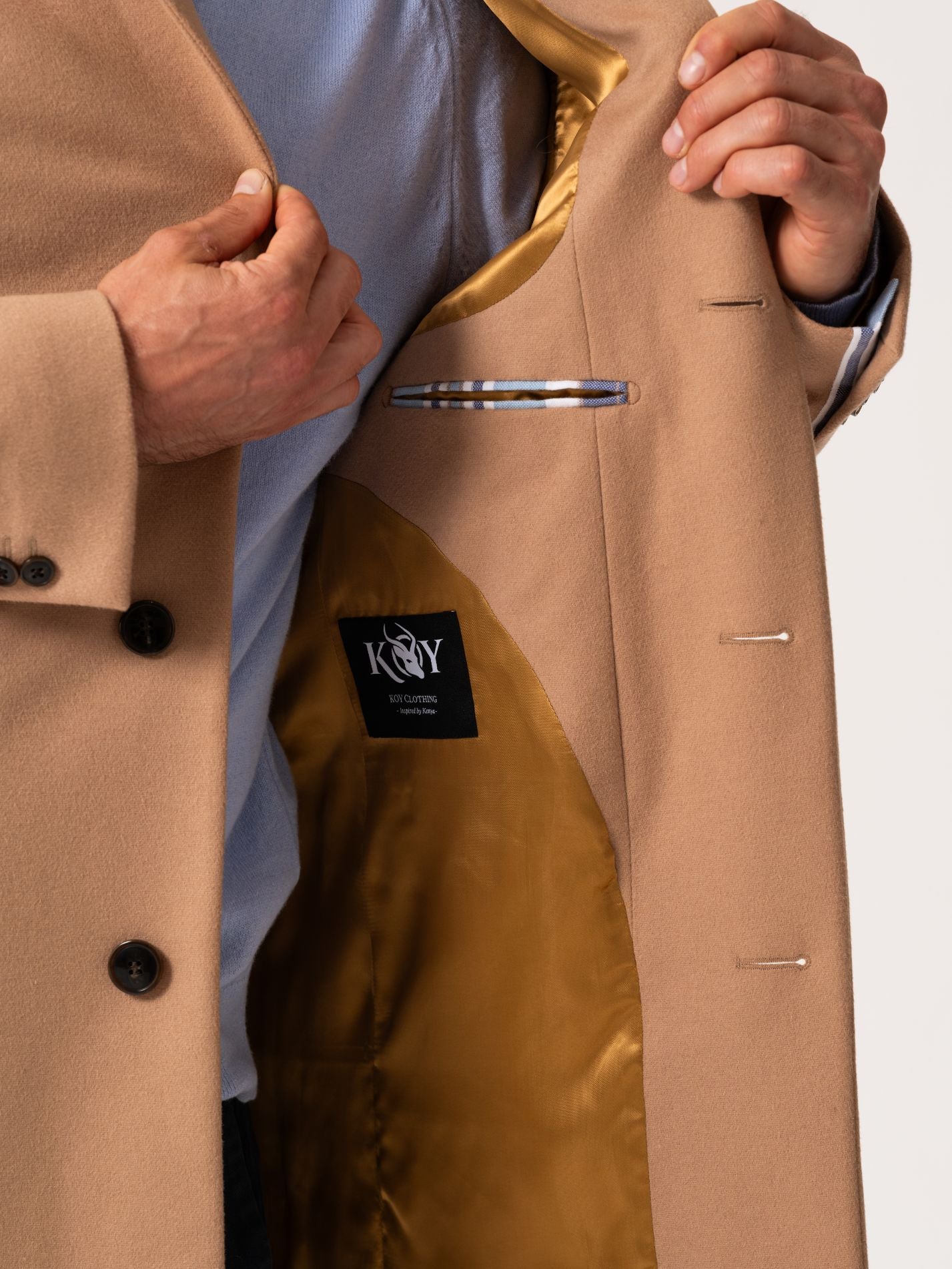 Inside lining and detail of camel wool overcoat