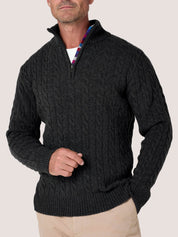 Charcoal cable knit quarter-zip jumper in Merino wool and cashmere, with Kenyan Kikoy trim inside the collar