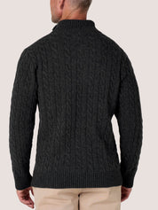 Charcoal cable knit quarter-zip jumper in Merino wool and cashmere, with Kenyan Kikoy trim inside the collar