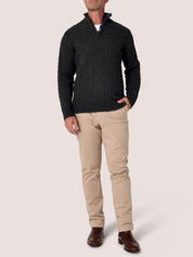 Charcoal cable knit quarter-zip jumper in Merino wool and cashmere, with Kenyan Kikoy trim inside the collar